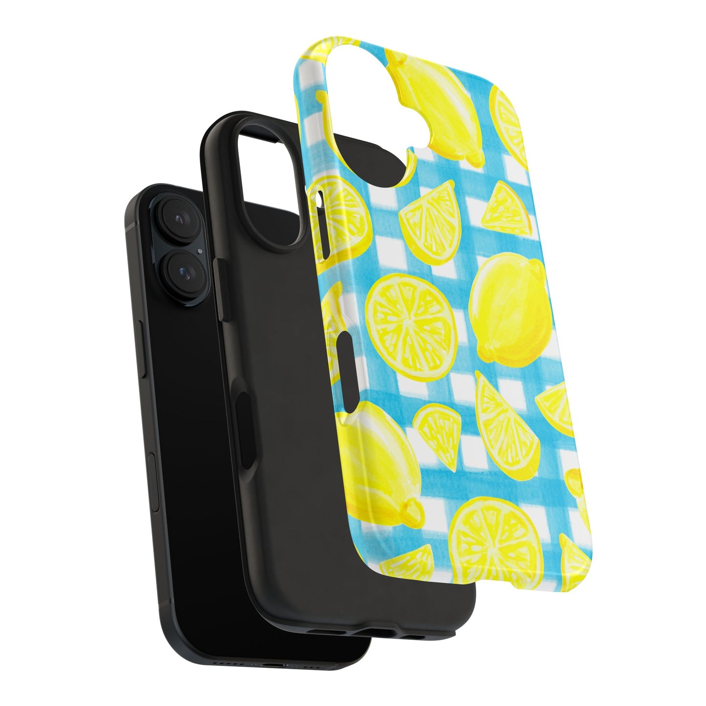 Yellow Lemons & Turquoise Gingham Watercolor Illustrated Tough Phone Case | Various Models Available