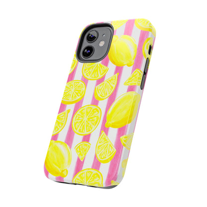 Pink Lemonade Yellow Lemons with Pink & White Watercolor Stripes Tough Phone Case