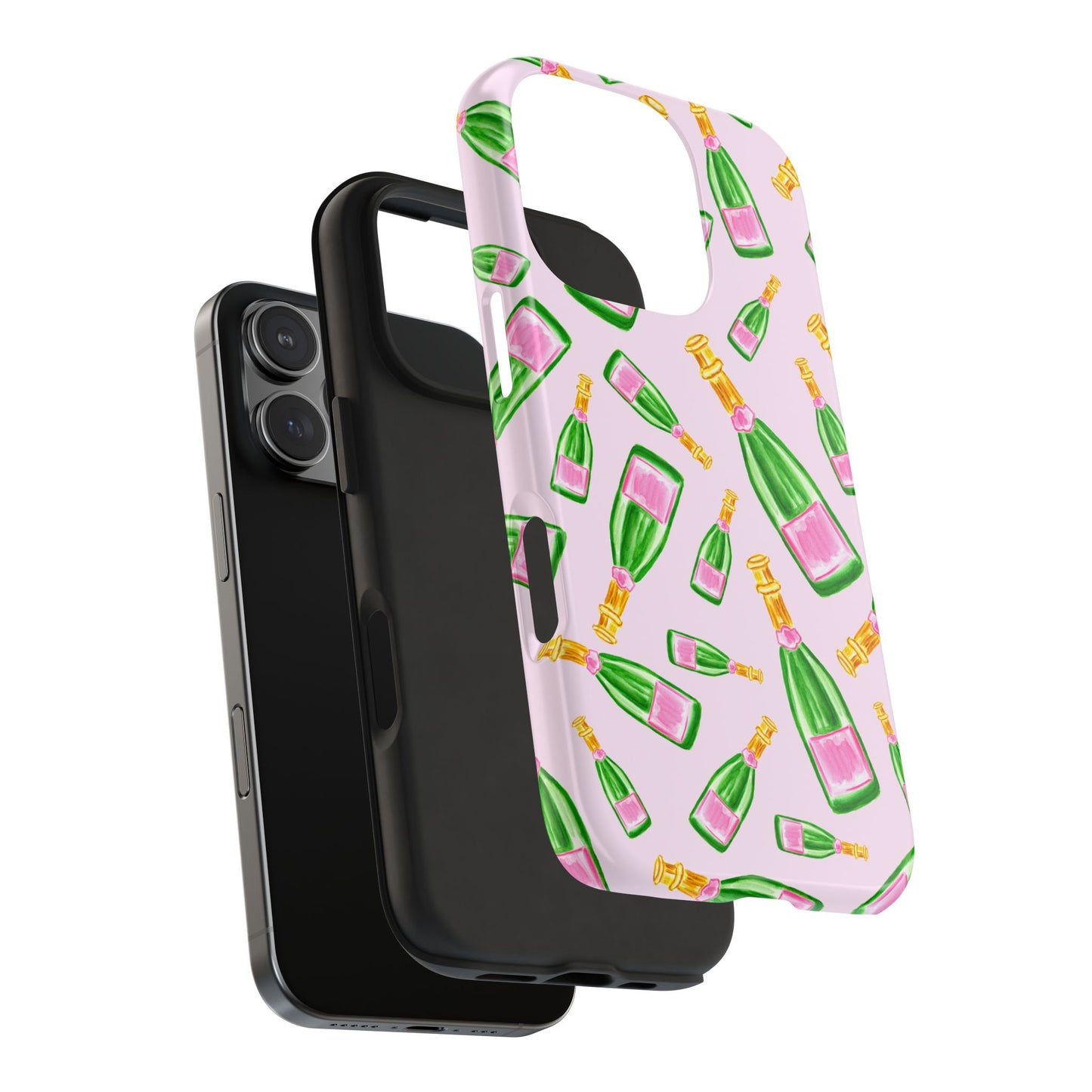 Tossed Pink and Green Watercolor Illustrated Champagne Bottles Pattern Blush Pink Tough Phone Case | Various Models