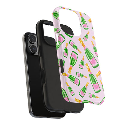 Tossed Pink and Green Watercolor Illustrated Champagne Bottles Pattern Blush Pink Tough Phone Case | Various Models