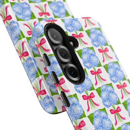 Blue Watercolor Hydrangea Bouquets with Hot Pink Bows Illustrated Patterned Tough Phone Case | Various Models