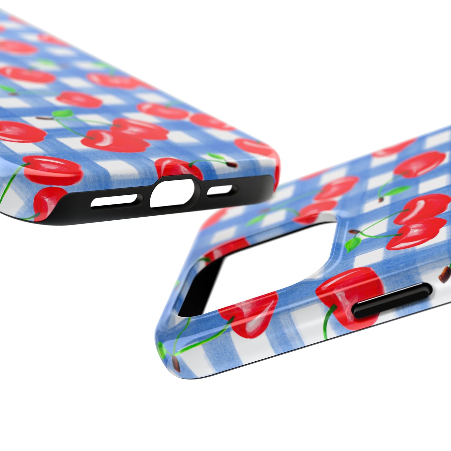 Tossed Red Watercolor Illustrated Cherries Light Blue Gingham Tough Phone Case | Various Models
