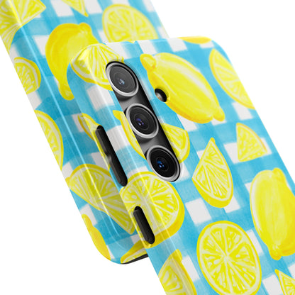 Yellow Lemons & Turquoise Gingham Watercolor Illustrated Tough Phone Case | Various Models Available