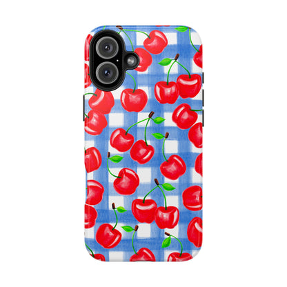 Tossed Red Cherries Blue Gingham Checkered Watercolor Illustrated Tough Phone Case | Various Models