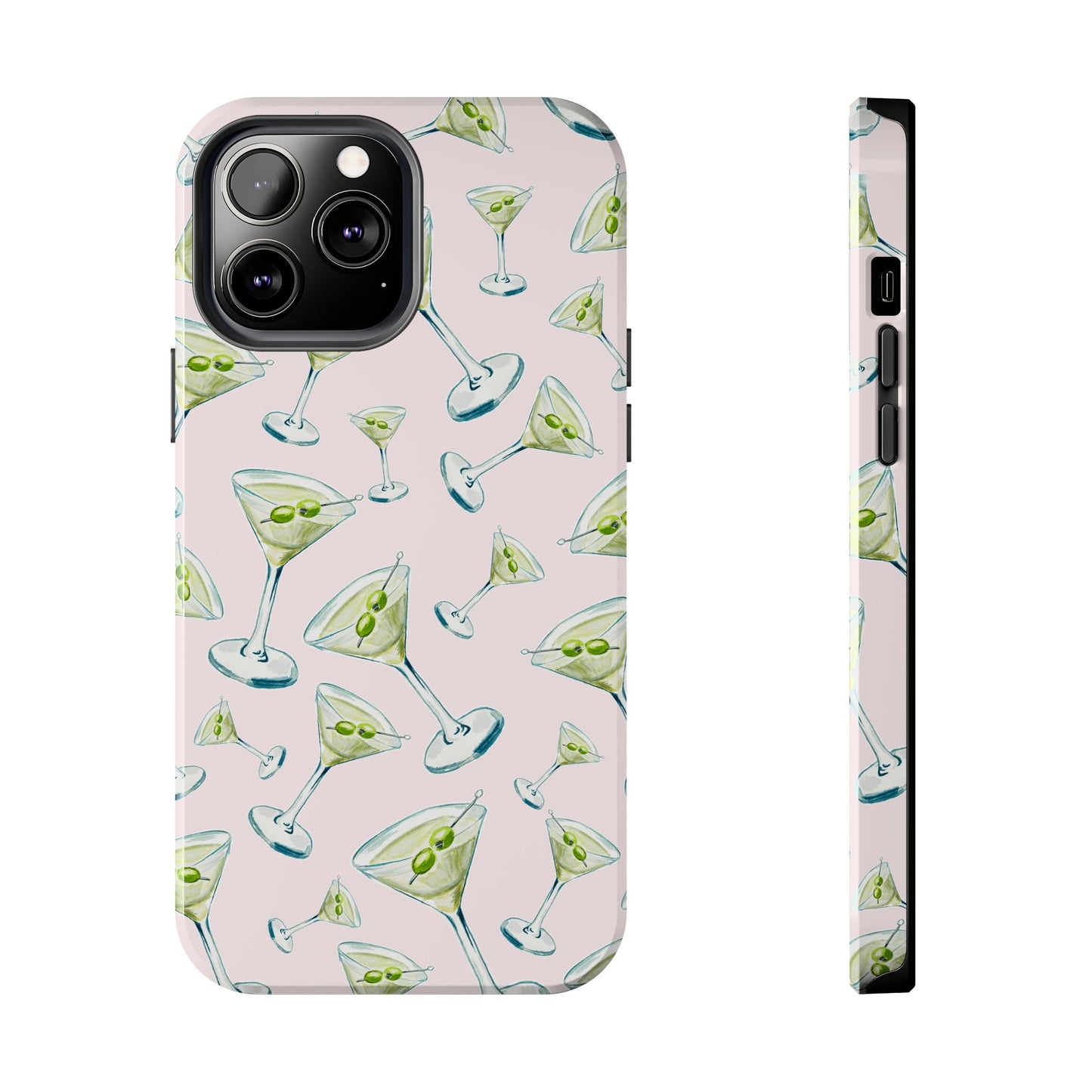 Watercolor Blue and Green Martinis Tossed Illustrated Pattern Blush Pink Tough Phone Case | Various Models