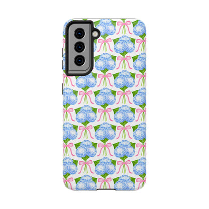 Blue Watercolor Hydrangea Bouqets with Light Pink Bows Watercolor Illustrated Patterned Tough Phone Case | Various Models