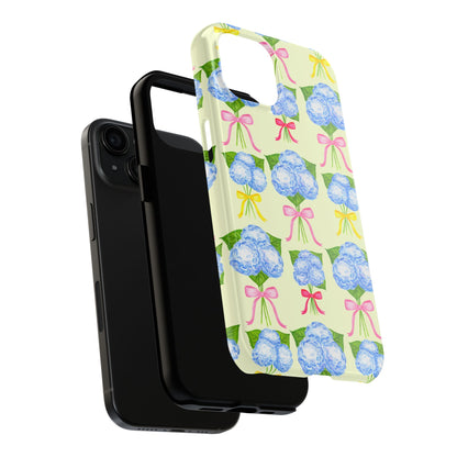 Blue Hydrangeas with Hot Pink, Yellow, Light Pink Bows Watercolor Illustrated Patterned Light Yellow Tough Phone Case | Various Models