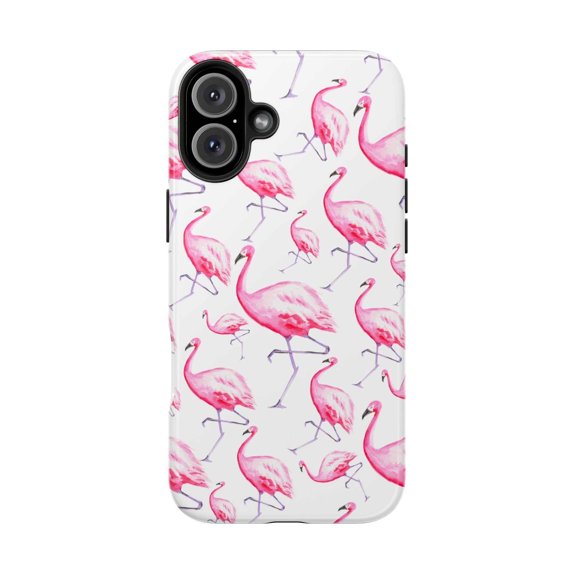 Hot Pink Flamingos Watercolor Illustrated Tossed Pattern Phone Case | Various Models iPhone 16 Plus