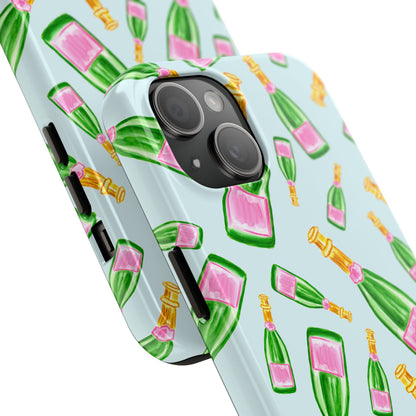 Tossed Pink and Green Watercolor Illustrated Champagne Bottles Pattern Light Blue Tough Phone Case | Various Models