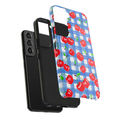 Tossed Red Watercolor Illustrated Cherries Light Blue Gingham Tough Phone Case | Various Models
