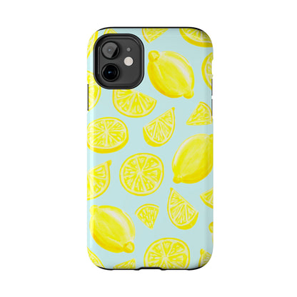Bright Yellow Lemons Watercolor Illustrated Tossed Pattern Light Blue Tough Phone Case | Various Models