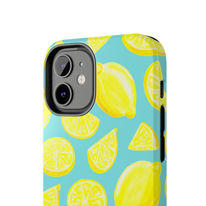 Bright Yellow Lemons Watercolor Illustrated Tossed Pattern Turquoise Blue Tough Phone Case | Various Models