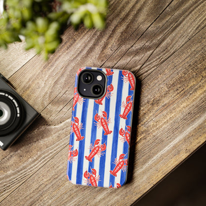 Blue & White Strip Red Lobster Watercolor Patterned Phone Case | Various Models