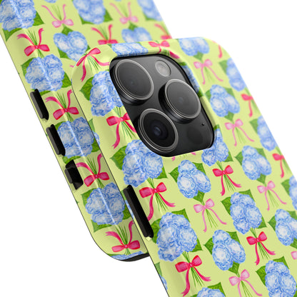 Watercolor Blue Hydrangea Bouquets with Hot Pink and Light Pink Bow Ribbons Illustrated Pattern Yellow Tough Phone Case | Various Models