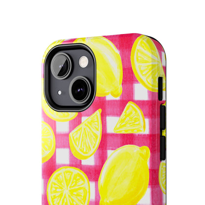 Yellow Lemons & Hot Pink Gingham Watercolor Illustrated Tough Phone Case | Various Models Available