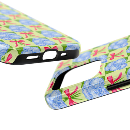 Blue Watercolor Hydrangea Bouquets with Hot Pink Bows Illustrated Patterned Yellow Preppy Grand Millenial Tough Phone Case | Various Models