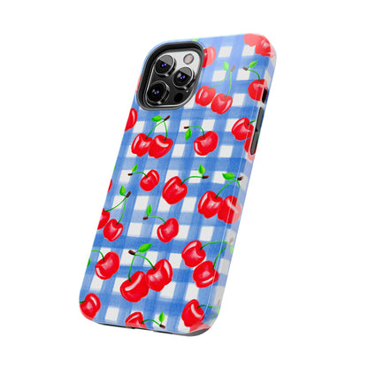 Tossed Red Watercolor Illustrated Cherries Light Blue Gingham Tough Phone Case | Various Models