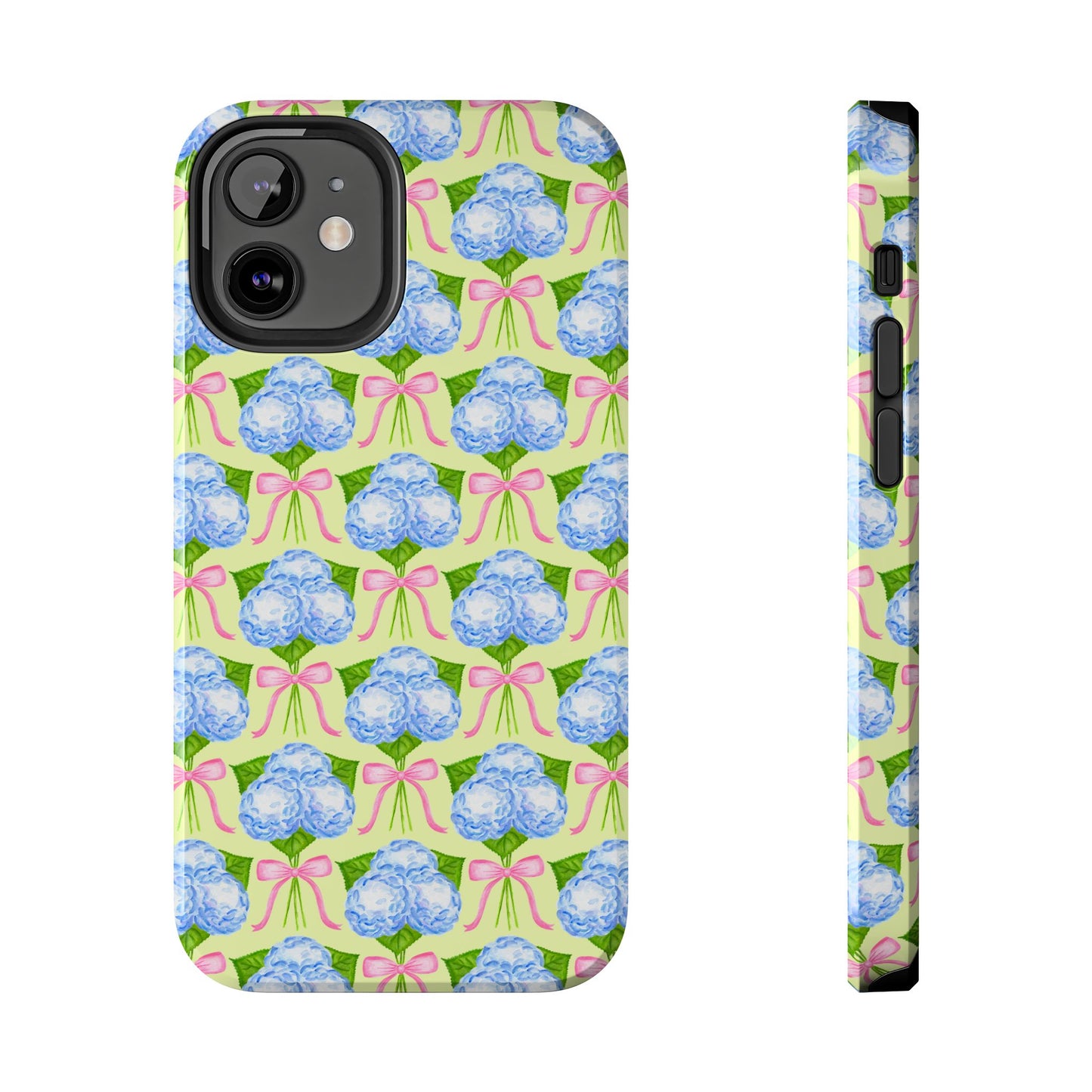 Blue Watercolor Hydrangea Bouquets with Light Pink Bows Watercolor Illustrated Patterned Yellow Tough Phone Case | Various Models