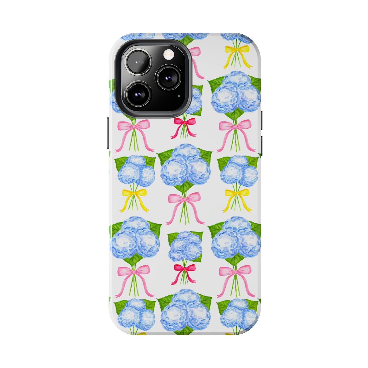 Blue Hydrangeas with Hot Pink, Yellow, Light Pink Bows Watercolor Illustrated Patterned Tough Phone Case | Various Models