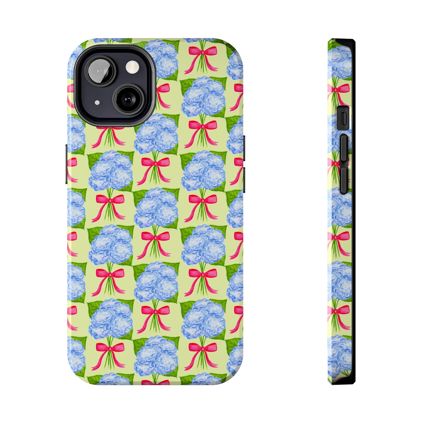 Blue Watercolor Hydrangea Bouquets with Hot Pink Bows Illustrated Patterned Yellow Preppy Grand Millenial Tough Phone Case | Various Models