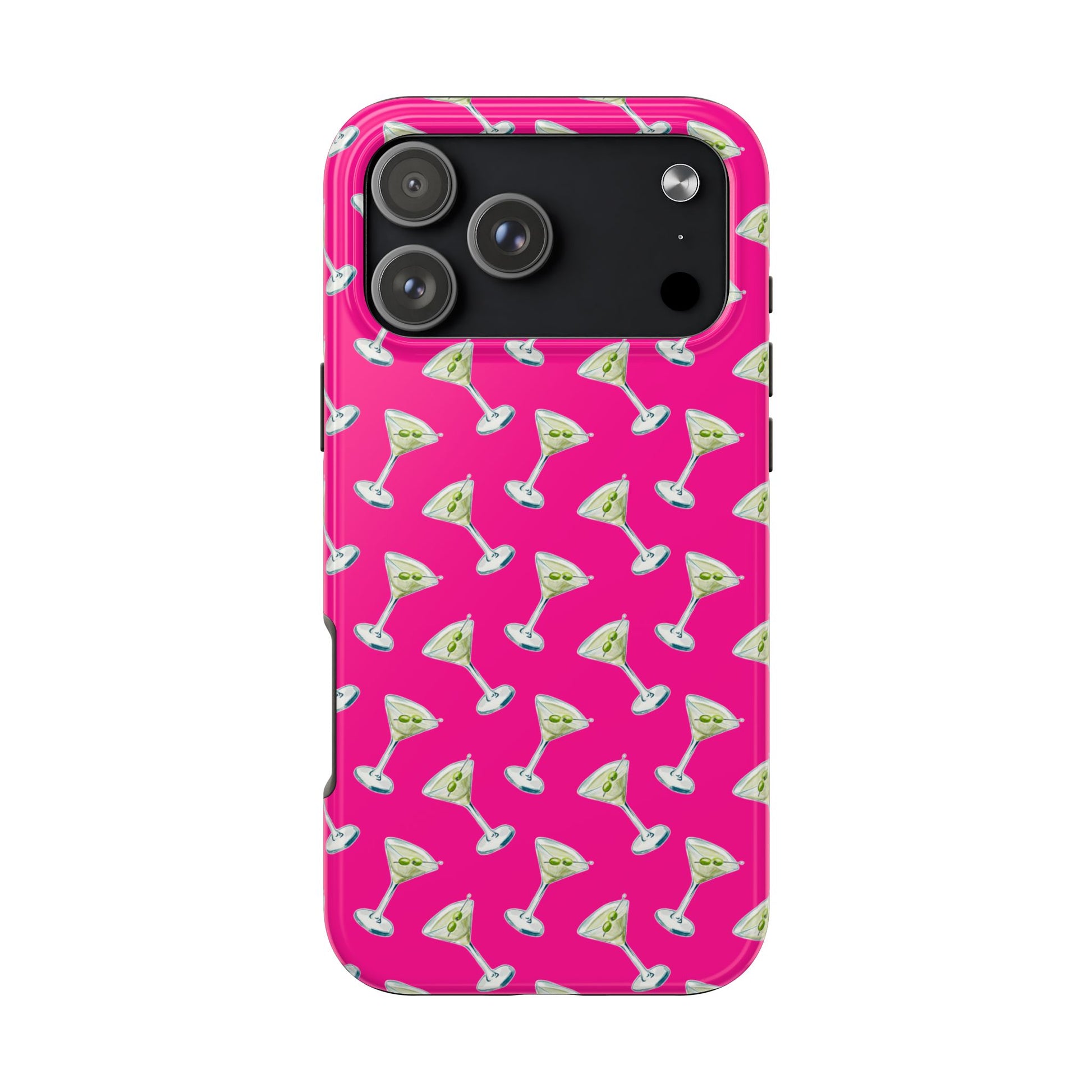 Hot Pink Mini Martini Watercolor Illustrated Tossed Pattern Tough Phone Case | Various Models Available iPhone 17 Pro Max
