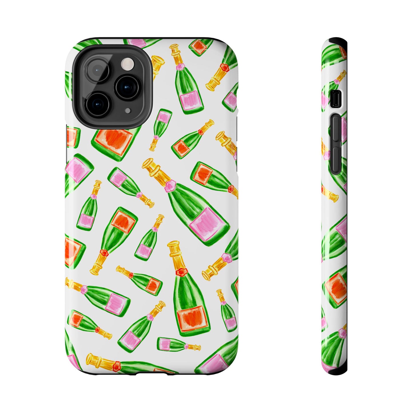 Tossed Pink and Green & Orange and Green Watercolor Illustrated Champagne Bottles Pattern Tough Phone Case | Various Models