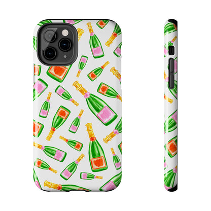 Tossed Pink and Green & Orange and Green Watercolor Illustrated Champagne Bottles Pattern Tough Phone Case | Various Models