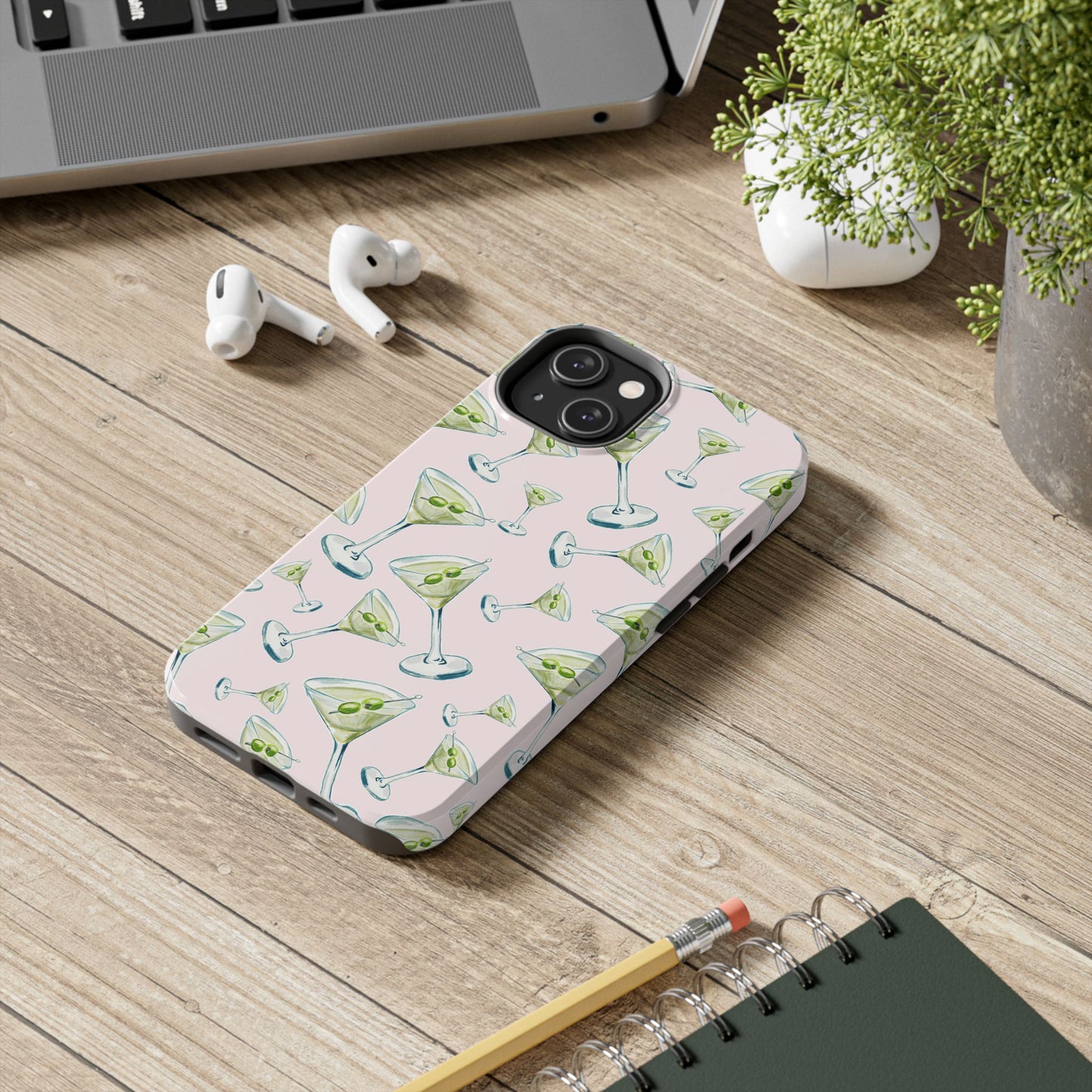 Watercolor Blue and Green Martinis Tossed Illustrated Pattern Blush Pink Tough Phone Case | Various Models