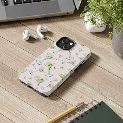 Watercolor Blue and Green Martinis Tossed Illustrated Pattern Blush Pink Tough Phone Case | Various Models