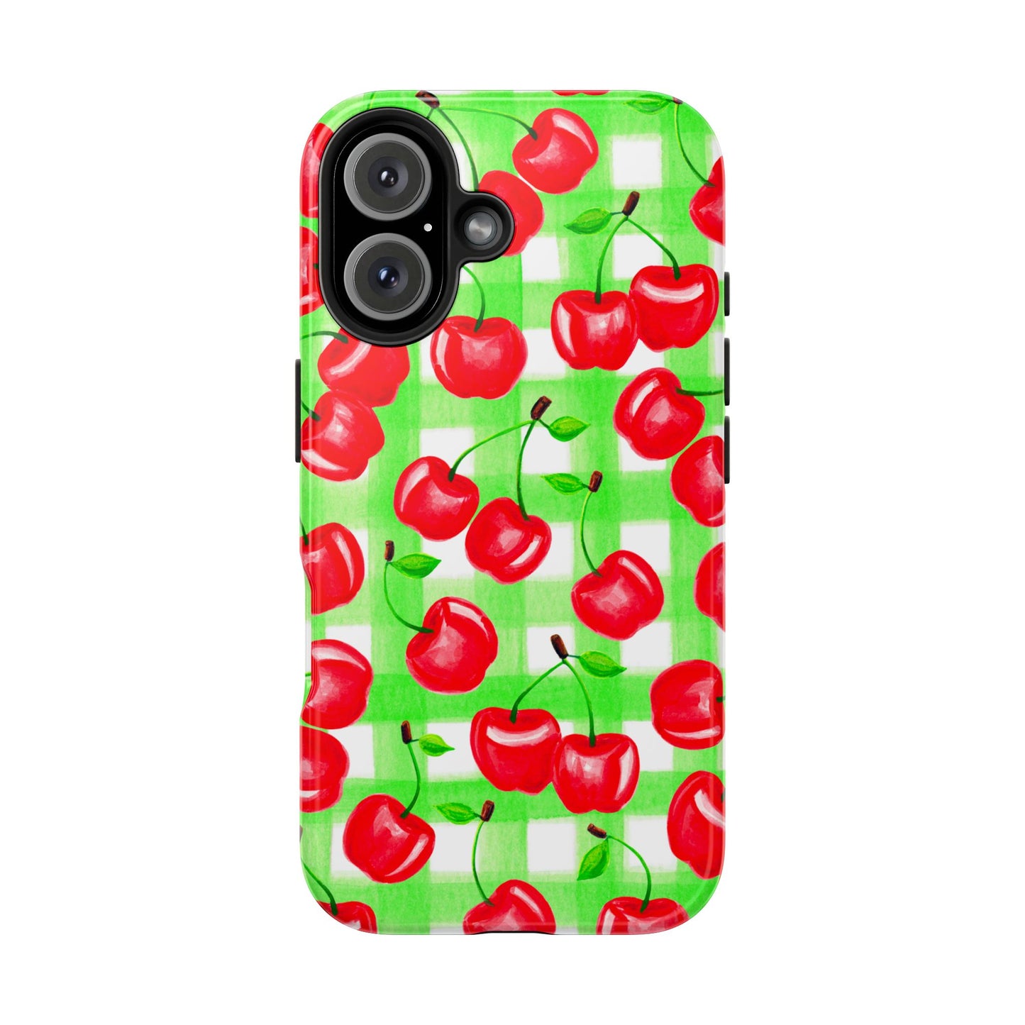 Red Tossed Cherries Green Gingham Watercolor Illustrated Tough Phone Case | Various Models Available