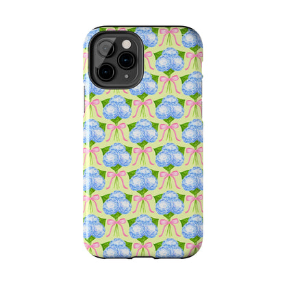 Blue Watercolor Hydrangea Bouquets with Light Pink Bows Watercolor Illustrated Patterned Yellow Tough Phone Case | Various Models