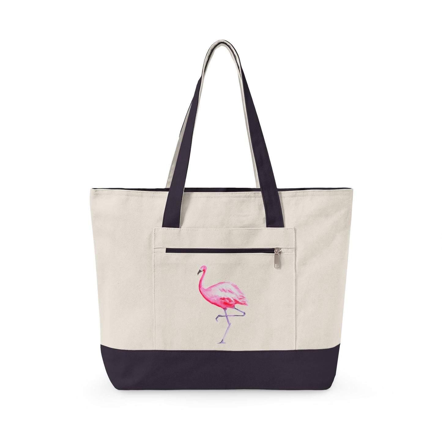 Hot Pink Flamingo Watercolor Printed Zipper Canvas Beach Tote 18" x 14" | Various Colors 18" x 14" x 4.5" Natural Navy