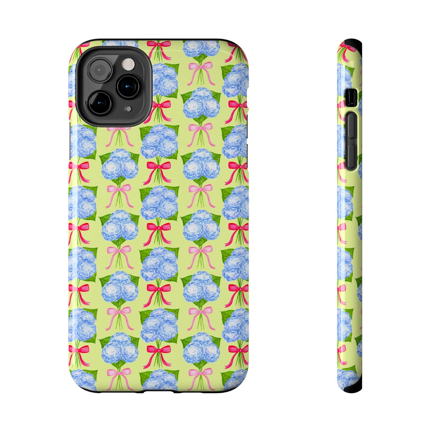Watercolor Blue Hydrangea Bouquets with Hot Pink and Light Pink Bow Ribbons Illustrated Pattern Yellow Tough Phone Case | Various Models