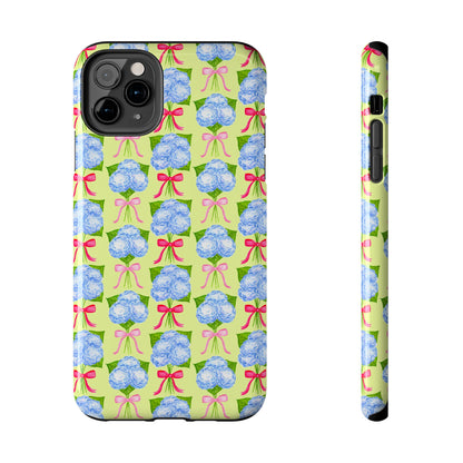 Watercolor Blue Hydrangea Bouquets with Hot Pink and Light Pink Bow Ribbons Illustrated Pattern Yellow Tough Phone Case | Various Models