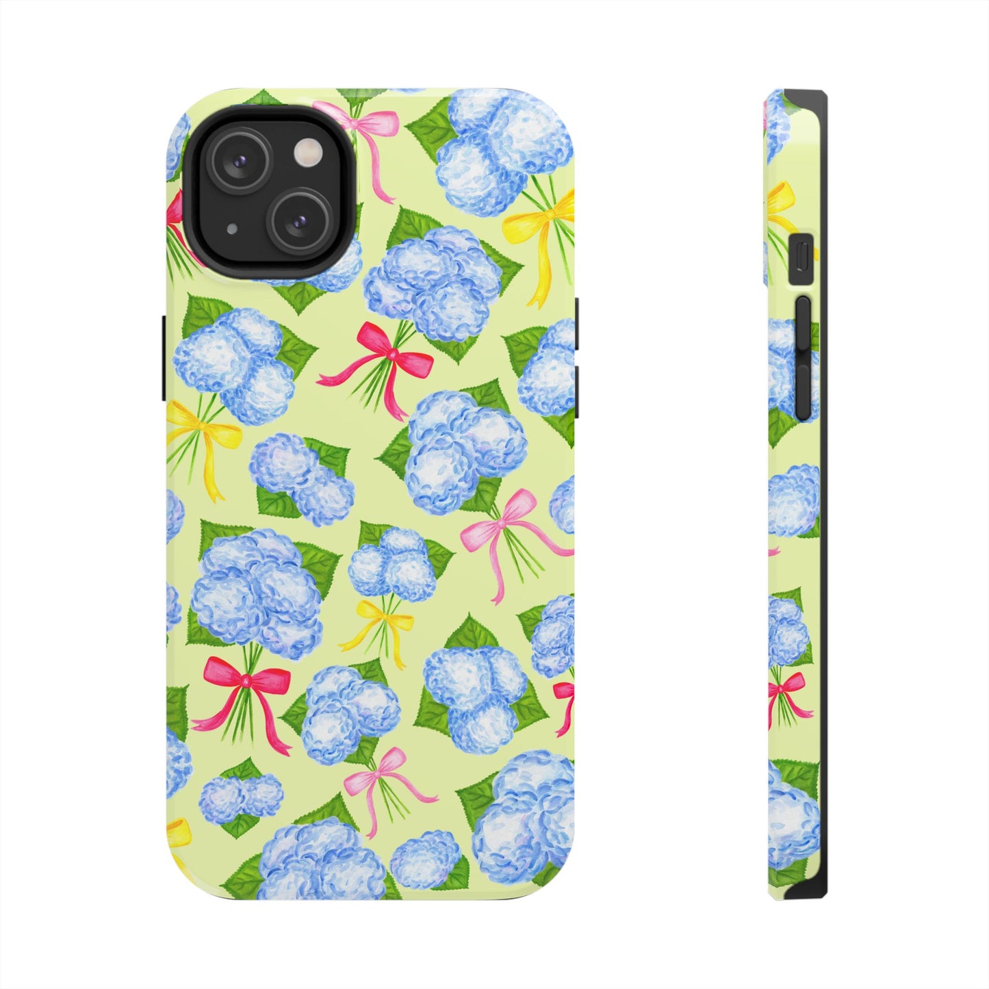 Blue Watercolor Hydrangea Bunches with Hot Pink, Yellow, Light Pink Bows Illustrated Patterned Yellow Tough Phone Case | Various Models