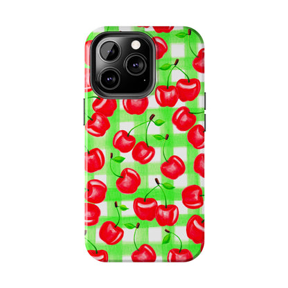 Red Tossed Cherries Green Gingham Watercolor Illustrated Tough Phone Case | Various Models Available