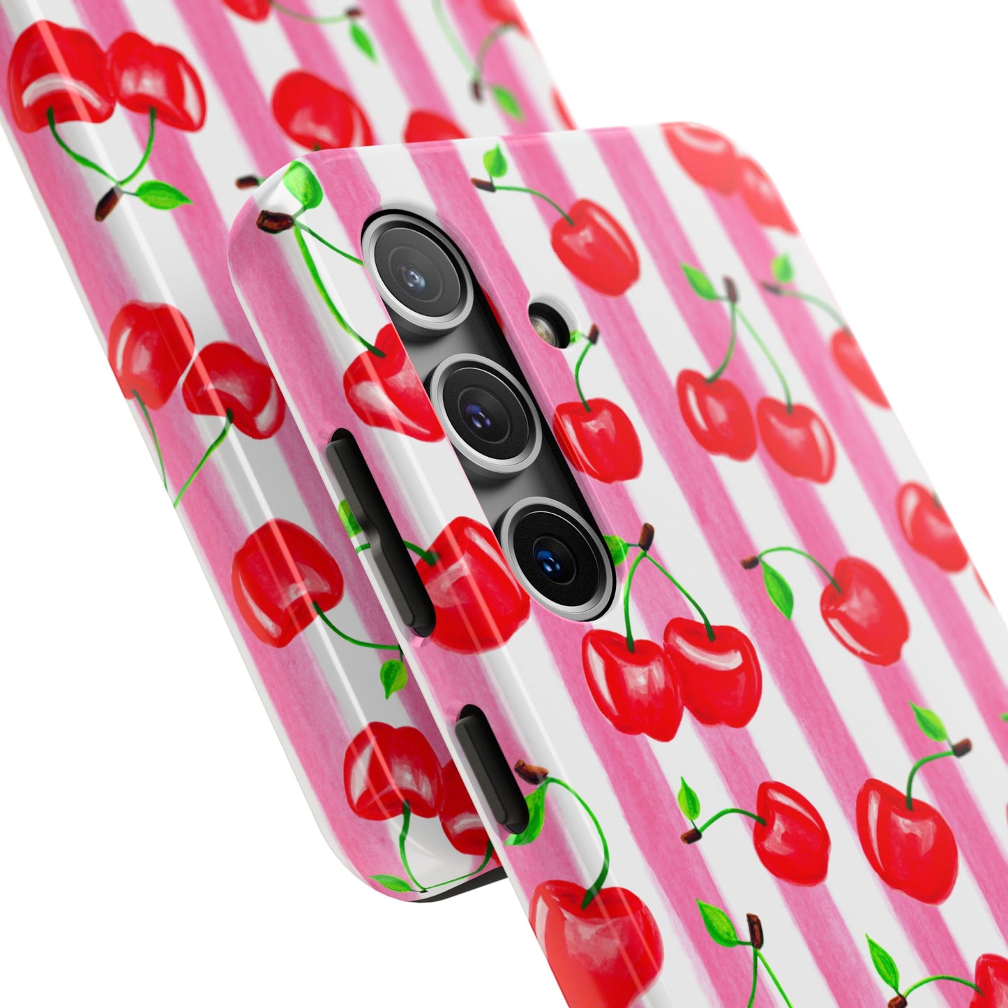 Tossed Red Watercolor Cherries Illustrated Pattern Light Pink Stripes Tough Phone Case | Various Models