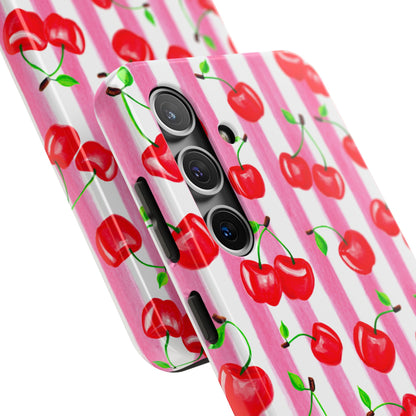 Tossed Red Watercolor Cherries Illustrated Pattern Light Pink Stripes Tough Phone Case | Various Models