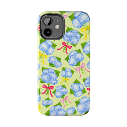 Blue Watercolor Hydrangea Bunches with Hot Pink, Yellow, Light Pink Bows Illustrated Patterned Yellow Tough Phone Case | Various Models