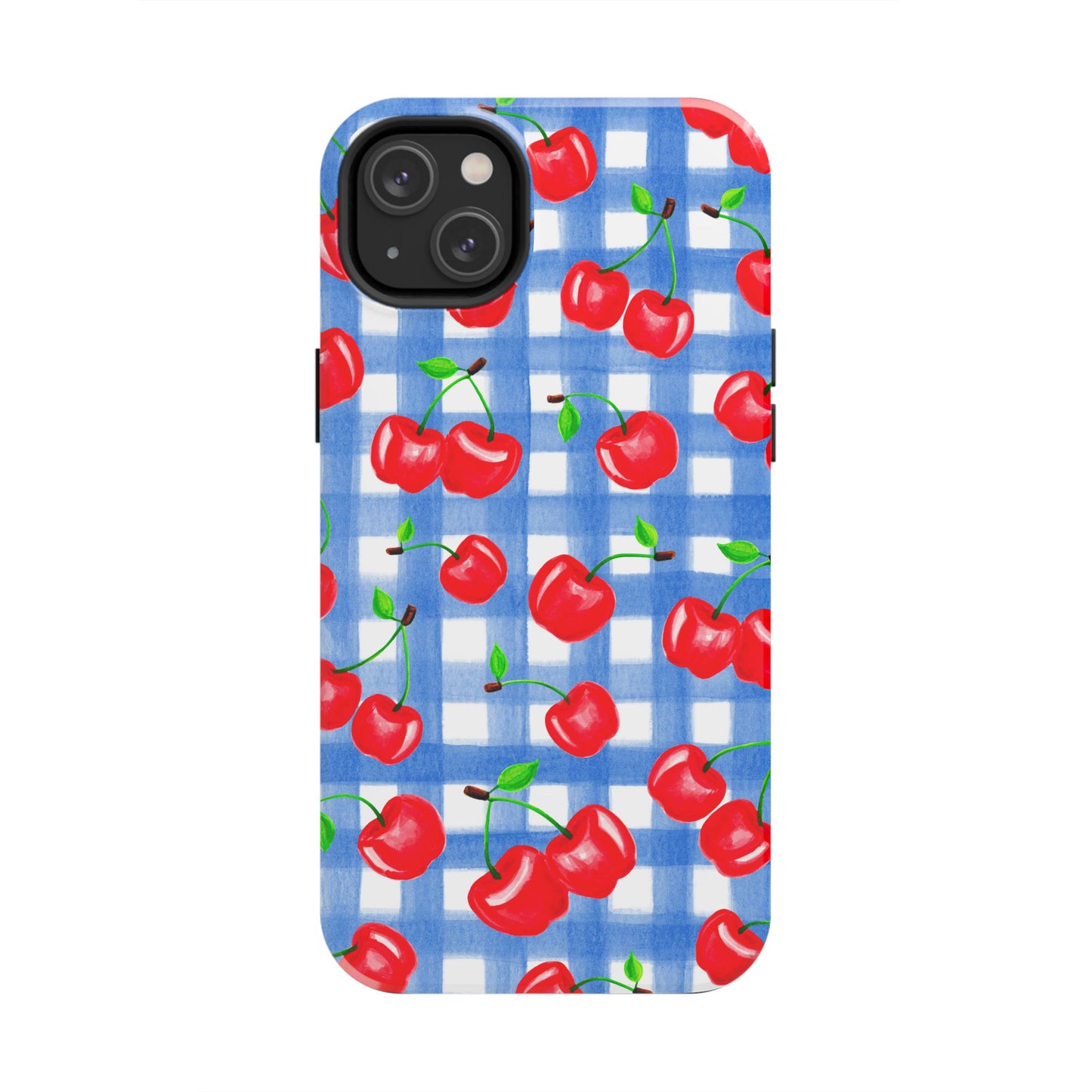 Tossed Red Watercolor Illustrated Cherries Light Blue Gingham Tough Phone Case | Various Models