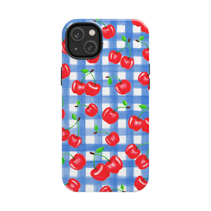 Tossed Red Watercolor Illustrated Cherries Light Blue Gingham Tough Phone Case | Various Models