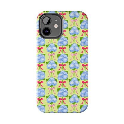 Watercolor Blue Hydrangea Bouquets with Hot Pink and Light Pink Bow Ribbons Illustrated Pattern Yellow Tough Phone Case | Various Models