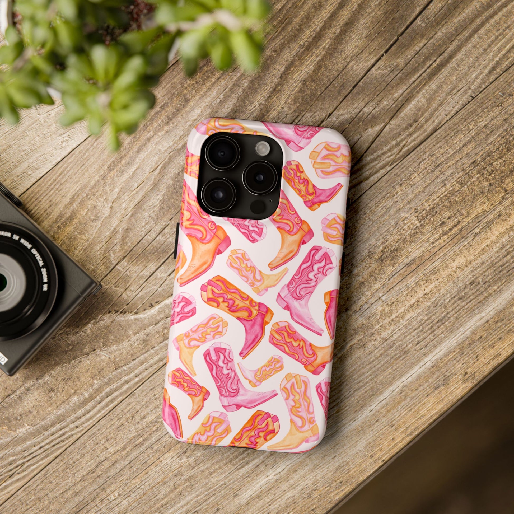 Tossed Hot Pink & Orange Watercolor Cowboy Boots Tough Light Pink Phone Case | Various Models Available