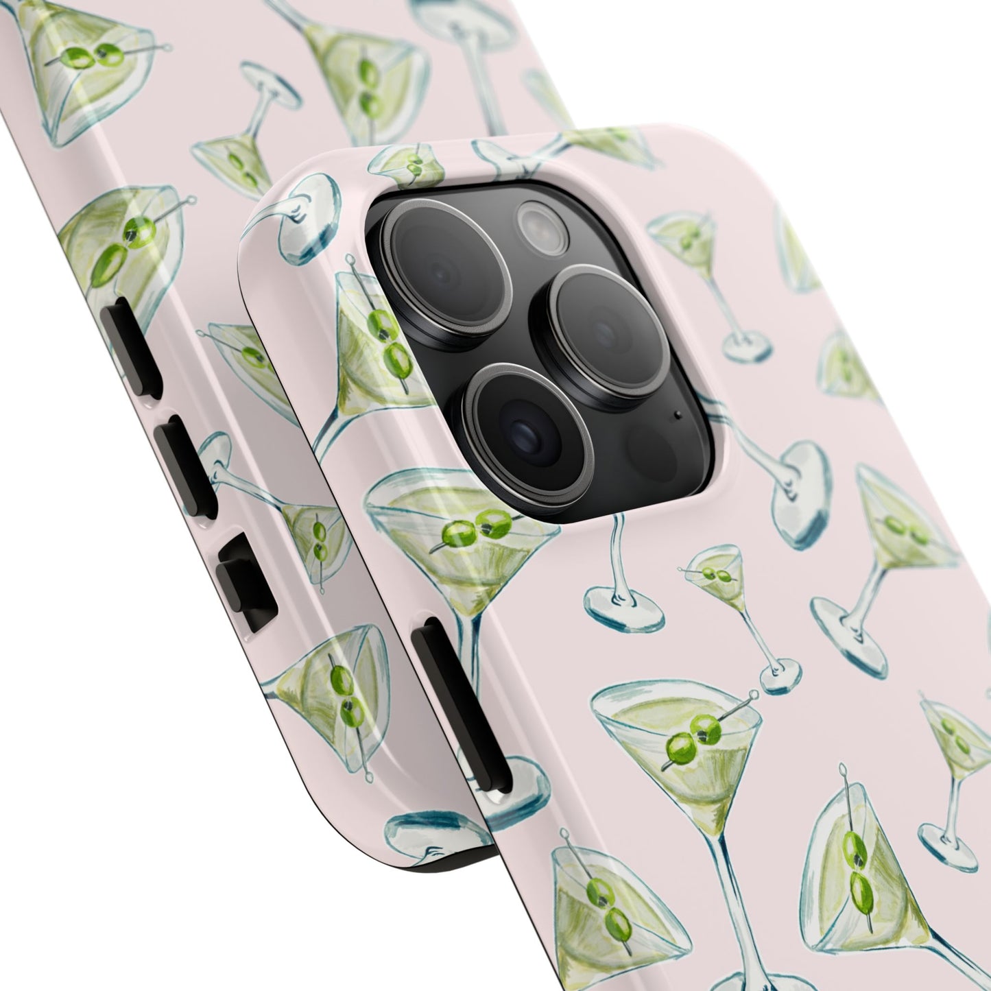 Watercolor Blue and Green Martinis Tossed Illustrated Pattern Blush Pink Tough Phone Case | Various Models