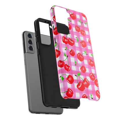 Tossed Red Watercolor Cherries Illustrated Pattern Light Pink Gingham Tough Phone Case | Various Models