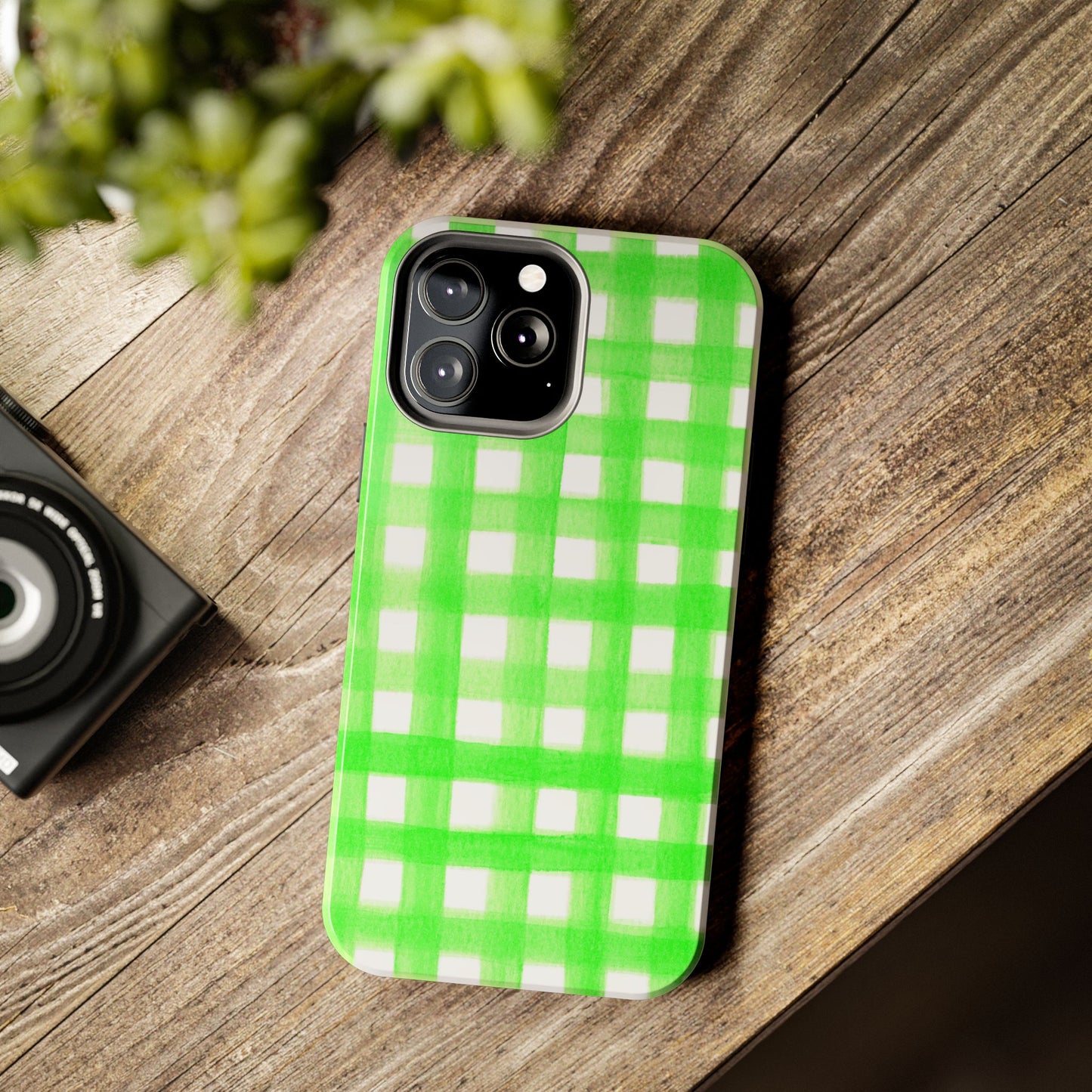 Lime Green Gingham Watercolor Illustrated Tough Phone Case | Various Models Available
