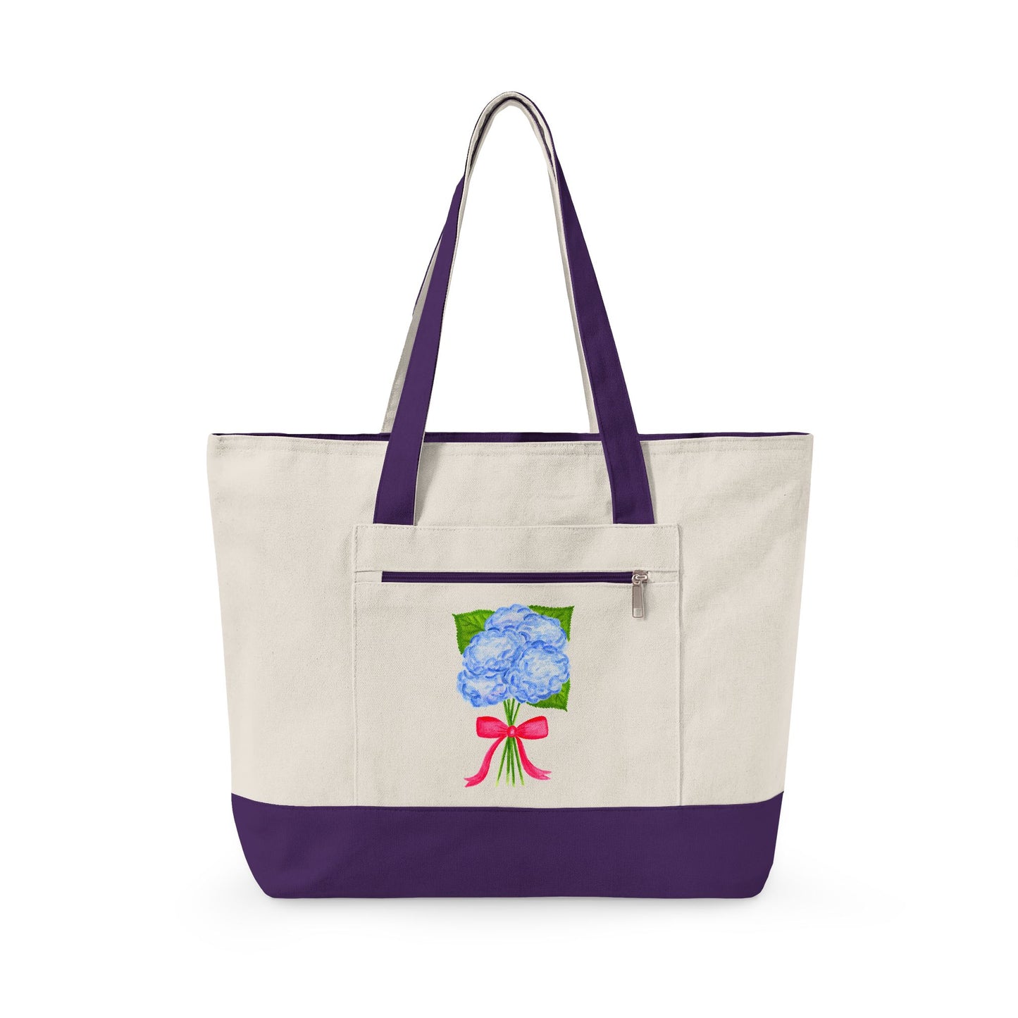 Blue Watercolor Hydrangeas with Hot Pink Bow Illustration Printed Zippered Canvas Tote 18" x 14" | Various Colors