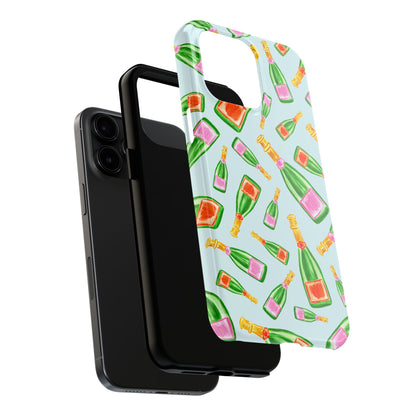 Tossed Pink and Green & Orange and Green Watercolor Illustrated Champagne Bottles Pattern Light Blue Tough Phone Case | Various Models