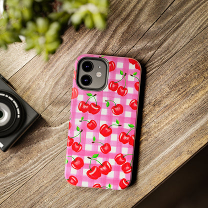 Tossed Red Watercolor Cherries Illustrated Pattern Light Pink Gingham Tough Phone Case | Various Models