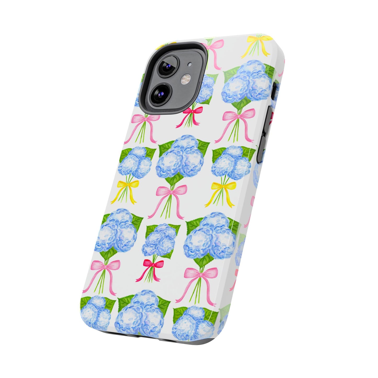 Blue Hydrangeas with Hot Pink, Yellow, Light Pink Bows Watercolor Illustrated Patterned Tough Phone Case | Various Models
